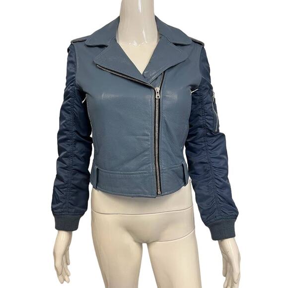 SANDRO Blue Ruched Shell-Paneled Sleeves Leather Goat Biker Jacket Size S - Picture 1 of 5